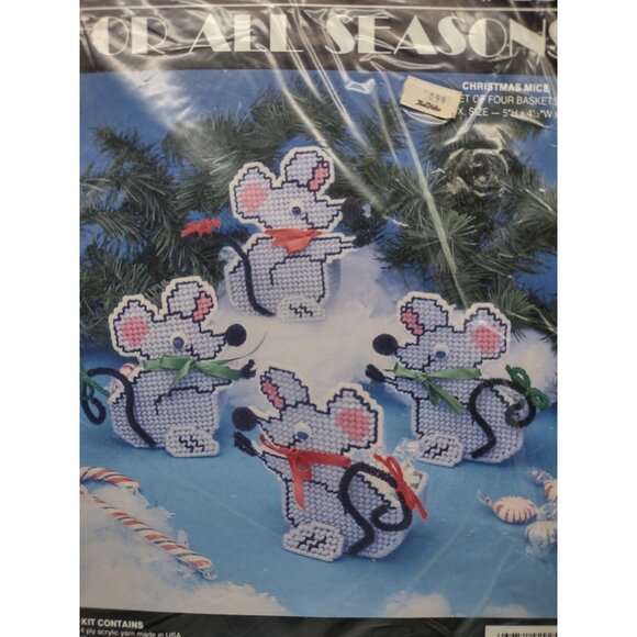 Vintage Sealed 1992 Needlecraft Ala Mode Christmas Mice Baskets Canvas Craft Kit - Picture 3 of 16
